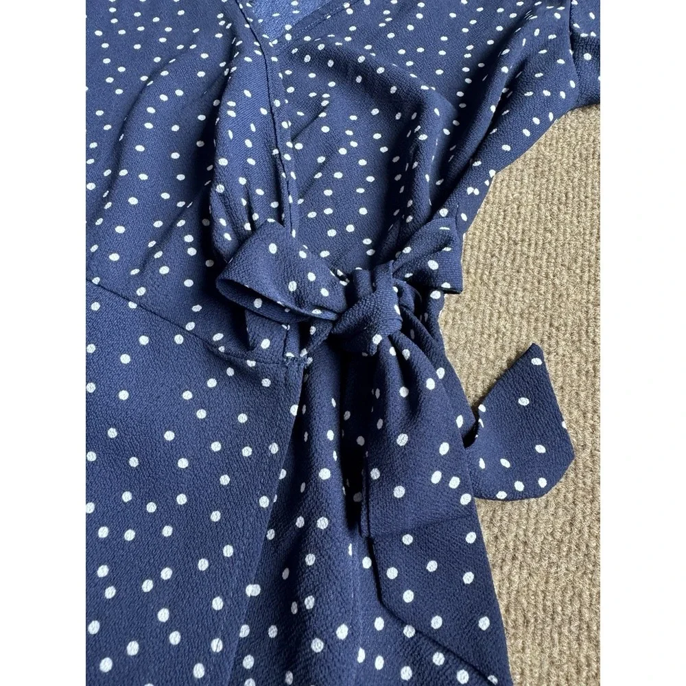 Relipop Womens Navy Blue & White Polka Dot Lightweight Wrap Sundress Dress S